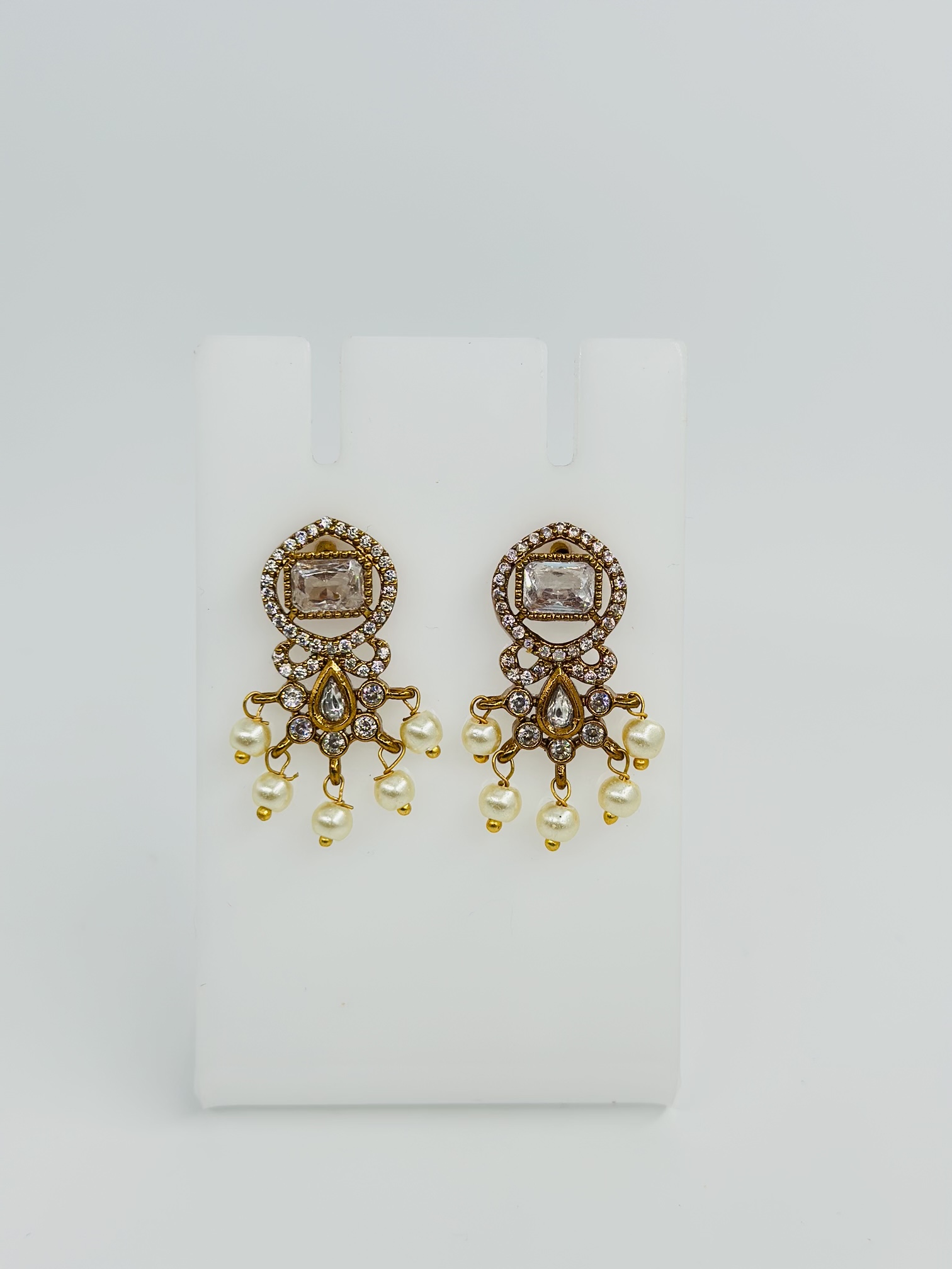 CZ Stone & Pearl Gold tone Drop Earrings - Image 2