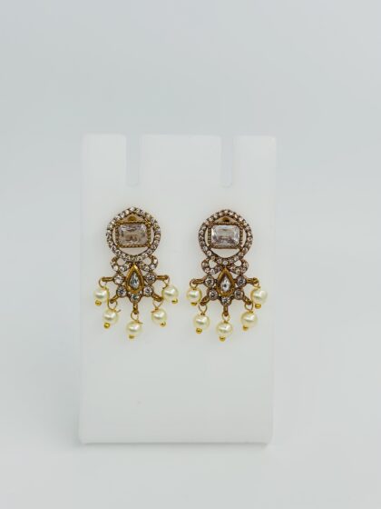 CZ Stone & Pearl Gold tone Drop Earrings
