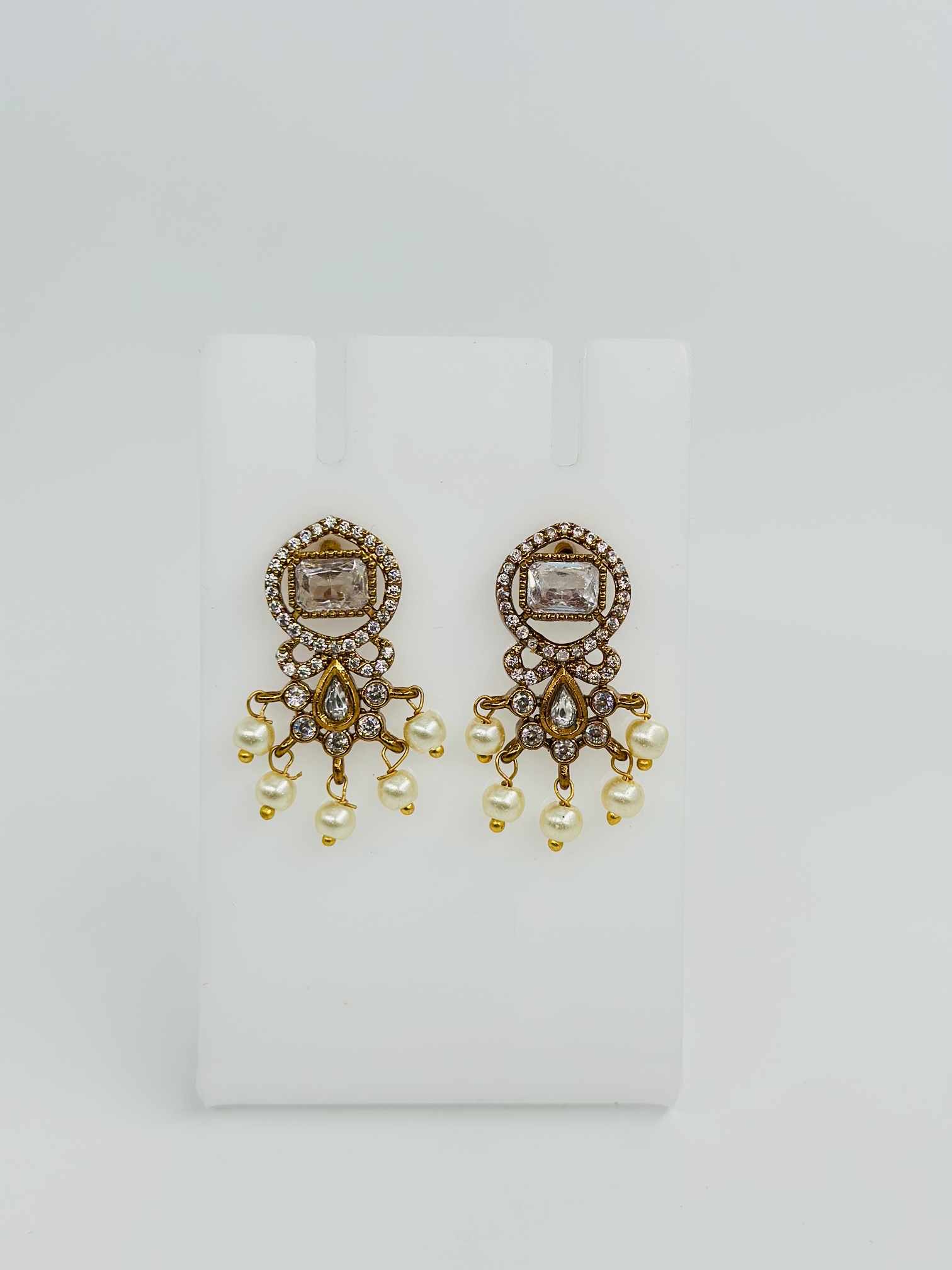 CZ Stone & Pearl Gold tone Drop Earrings