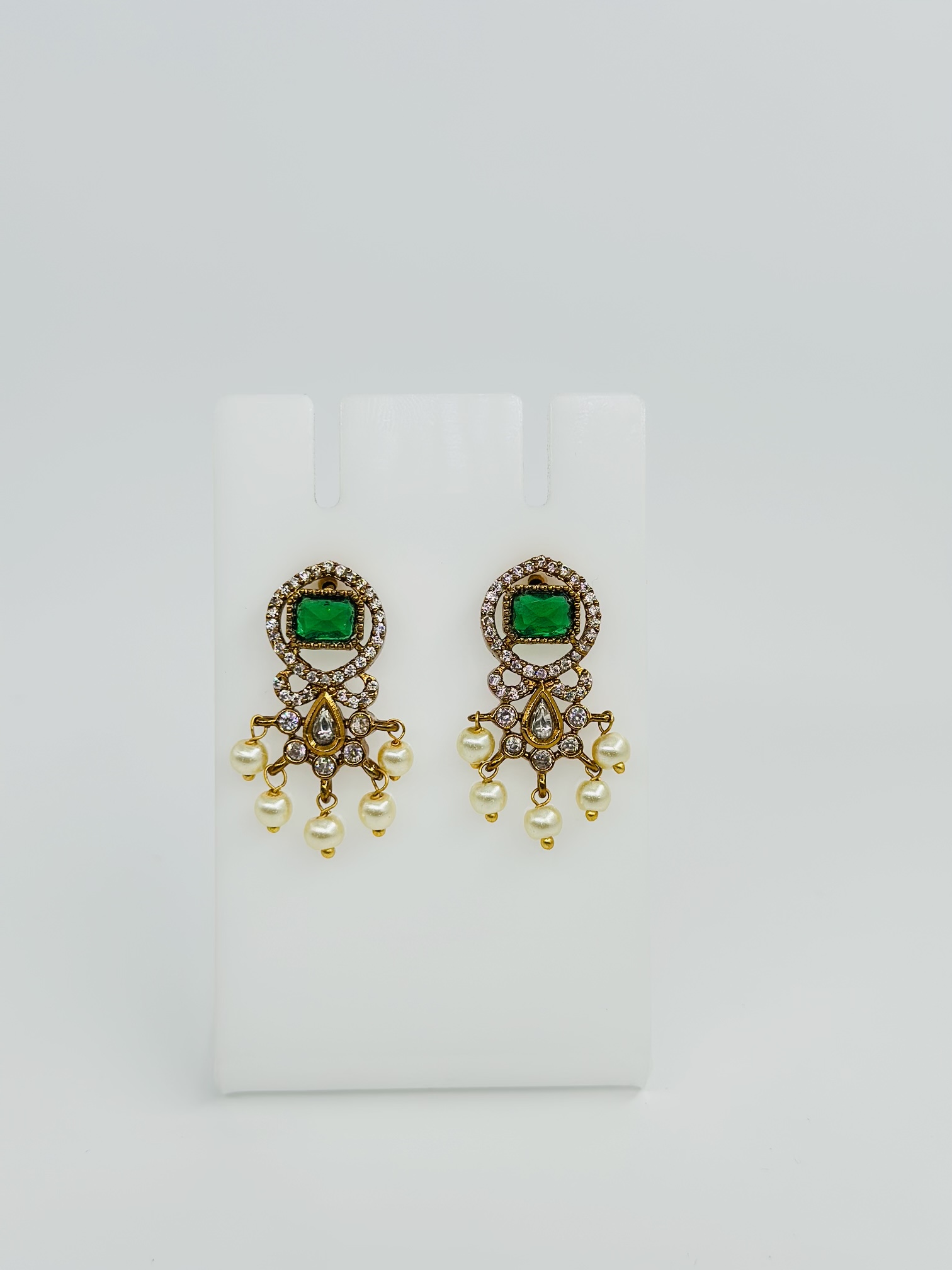 Green Stone & Pearl Gold Tone Drop Earrings - Image 4