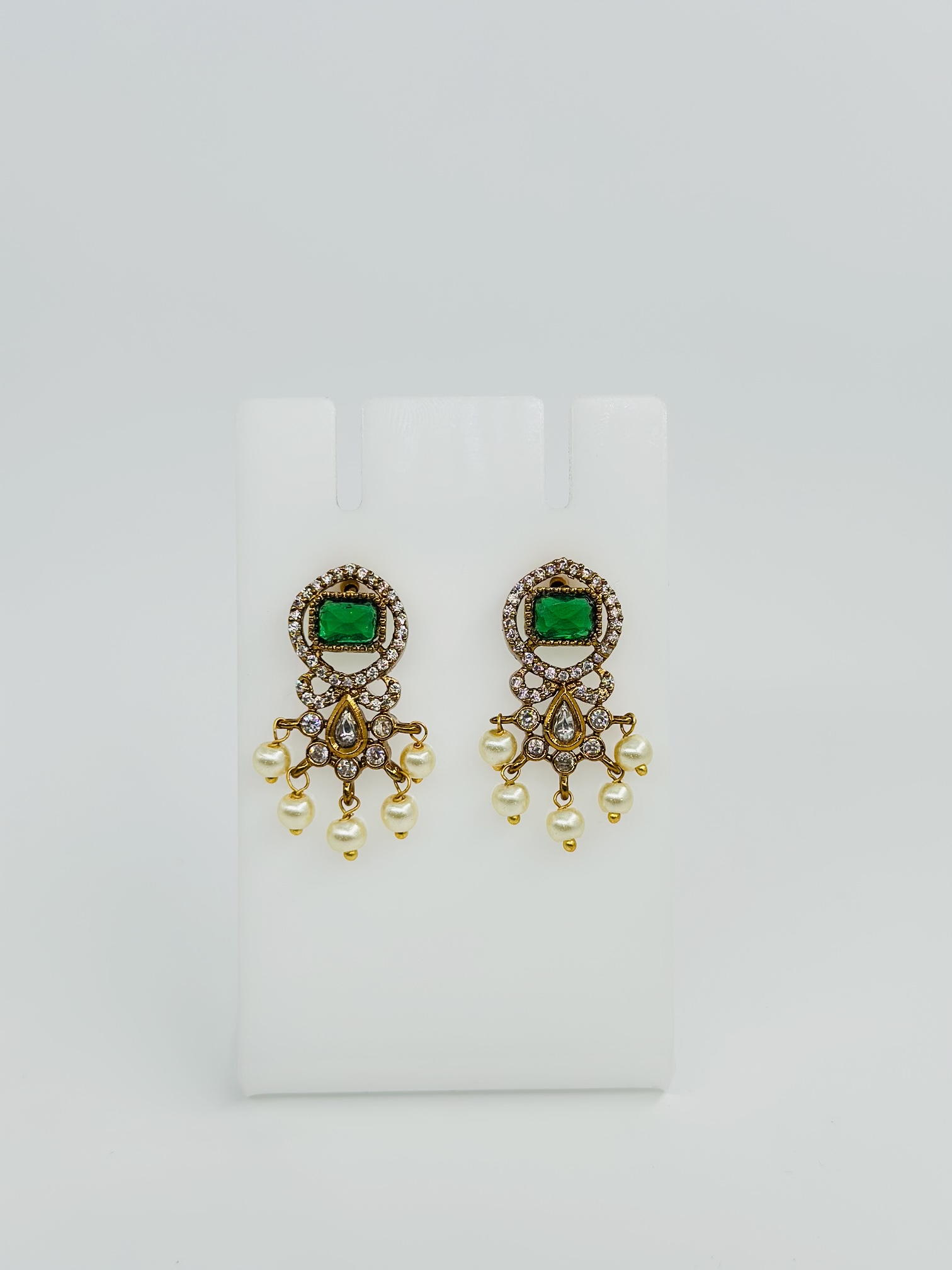 Green Stone & Pearl Gold Tone Drop Earrings - Image 3