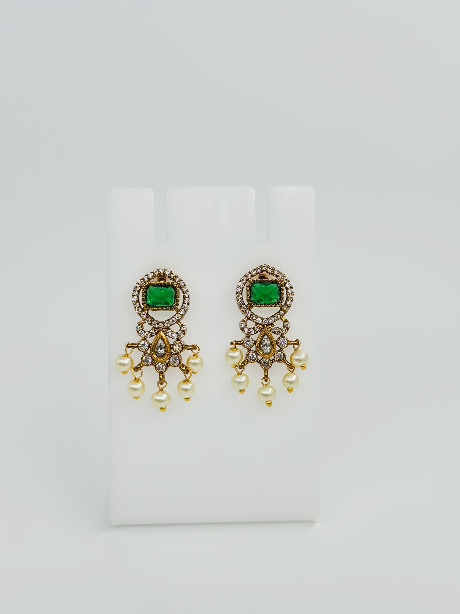Green Stone & Pearl Gold Tone Drop Earrings - Image 2