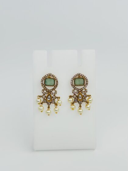 Light Green Stone & Pearl Gold Tone Drop Earrings