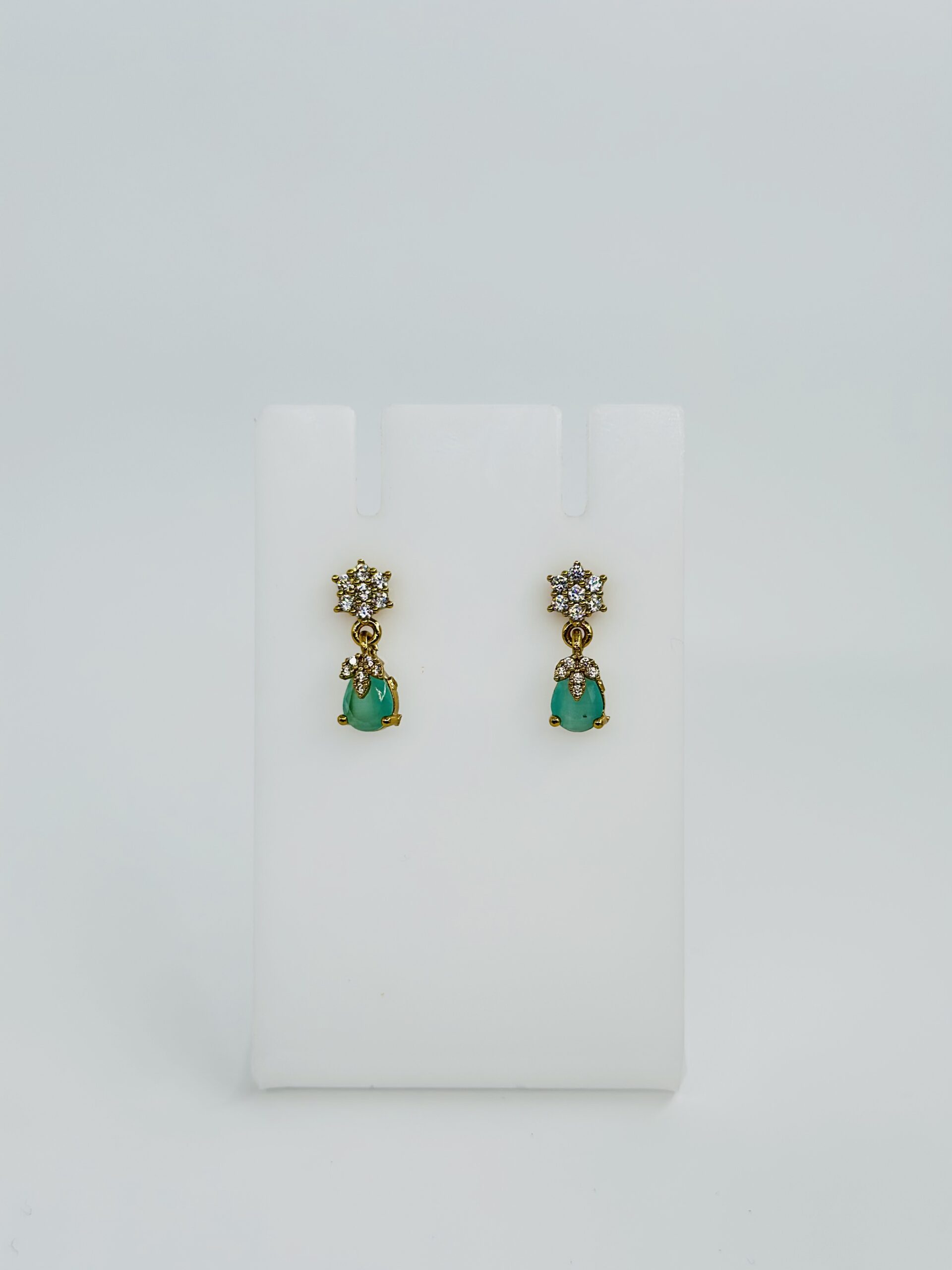 Green Stone & CZ Gold Tone Drop Earrings - Image 4