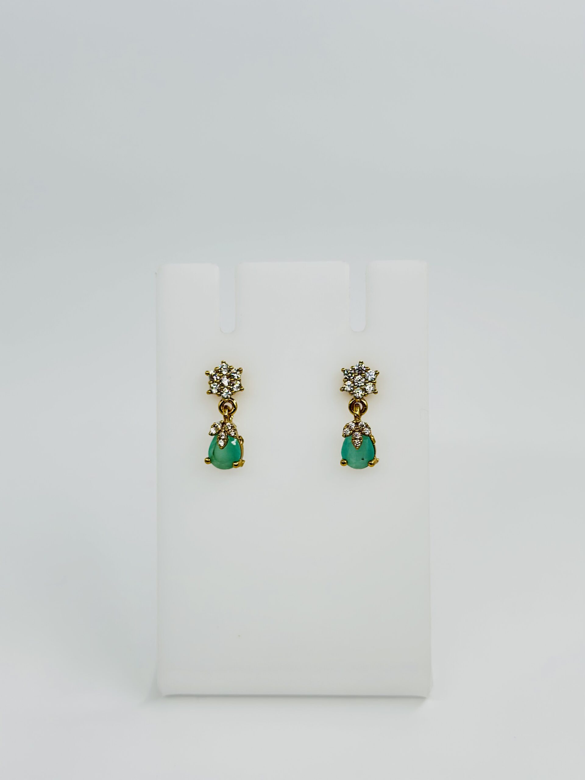Green Stone & CZ Gold Tone Drop Earrings - Image 3