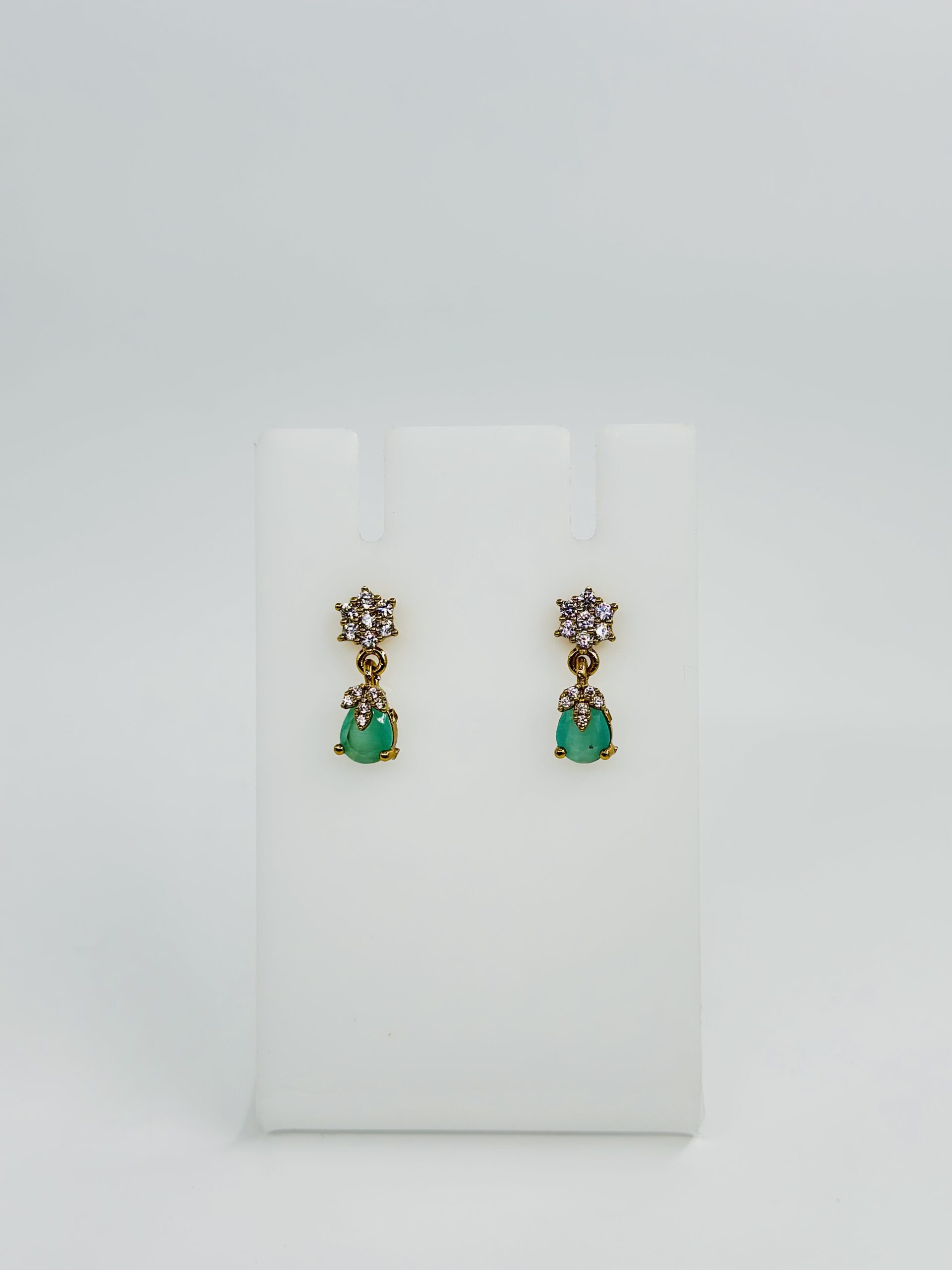Green Stone & CZ Gold Tone Drop Earrings - Image 2