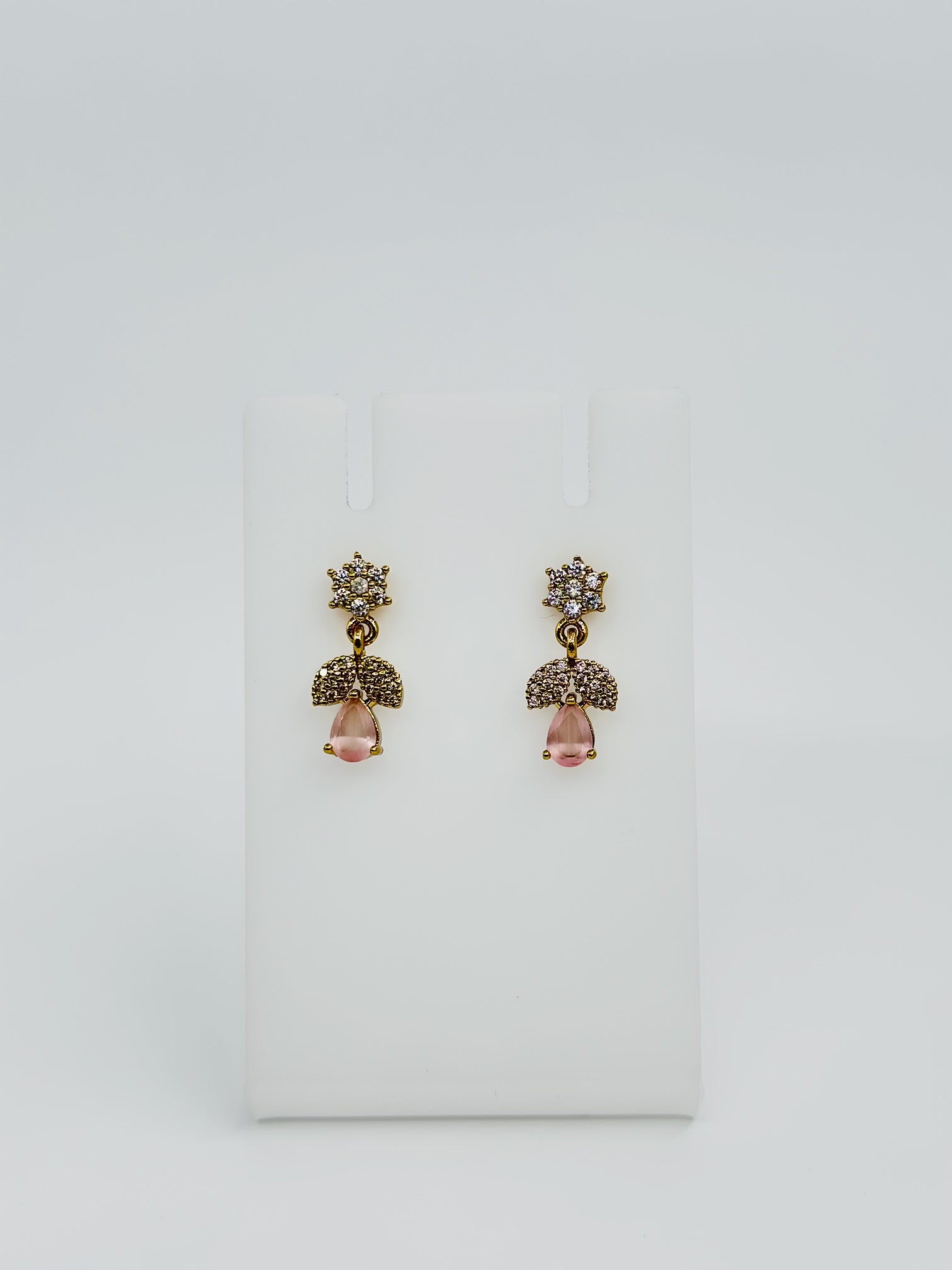 Pink Stone & CZ Gold tone Drop Earrings - Image 4