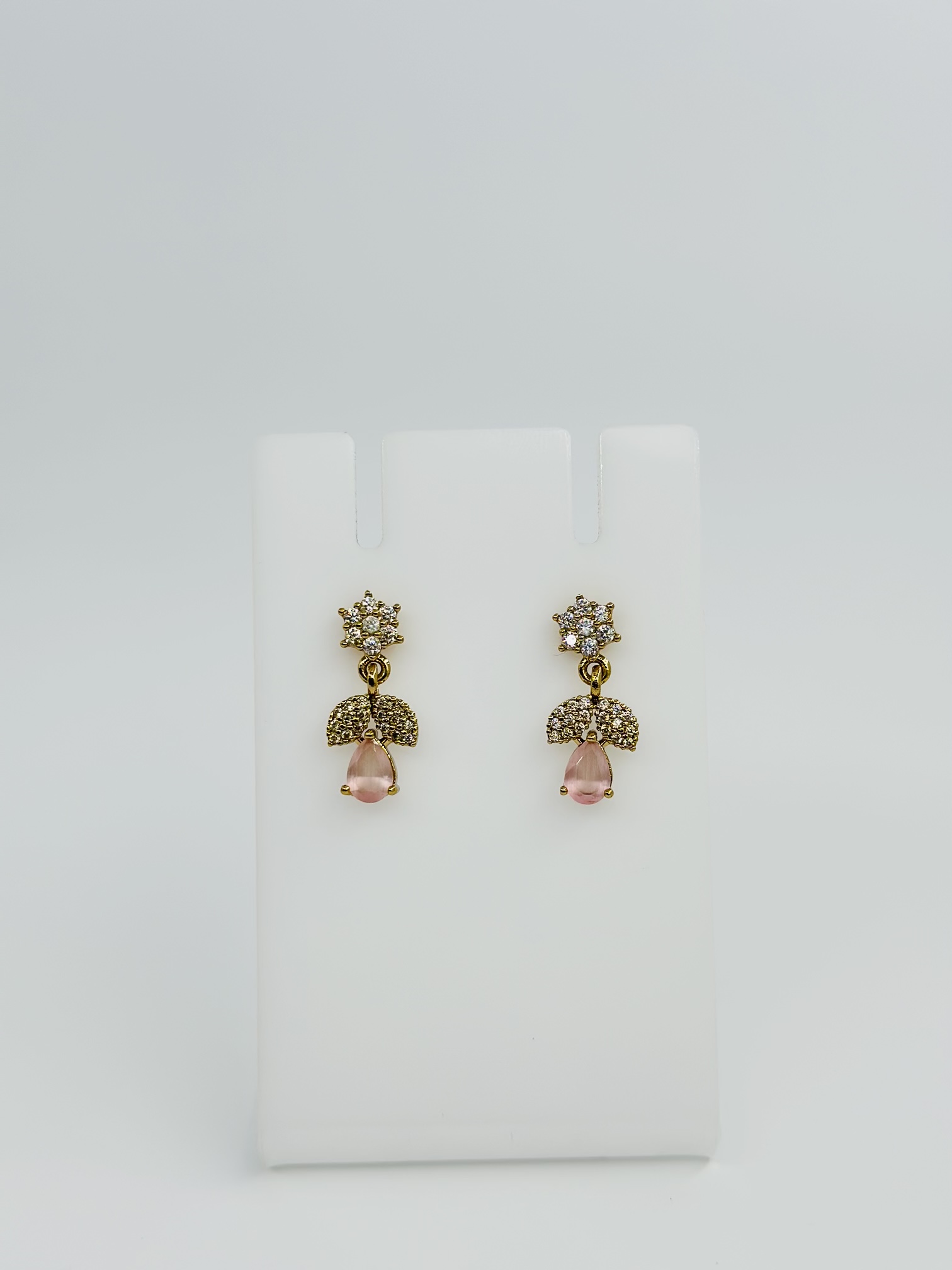 Pink Stone & CZ Gold tone Drop Earrings