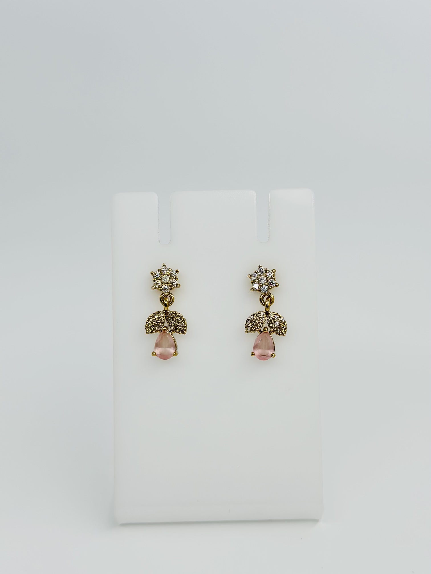 Pink Stone & CZ Gold tone Drop Earrings - Image 2