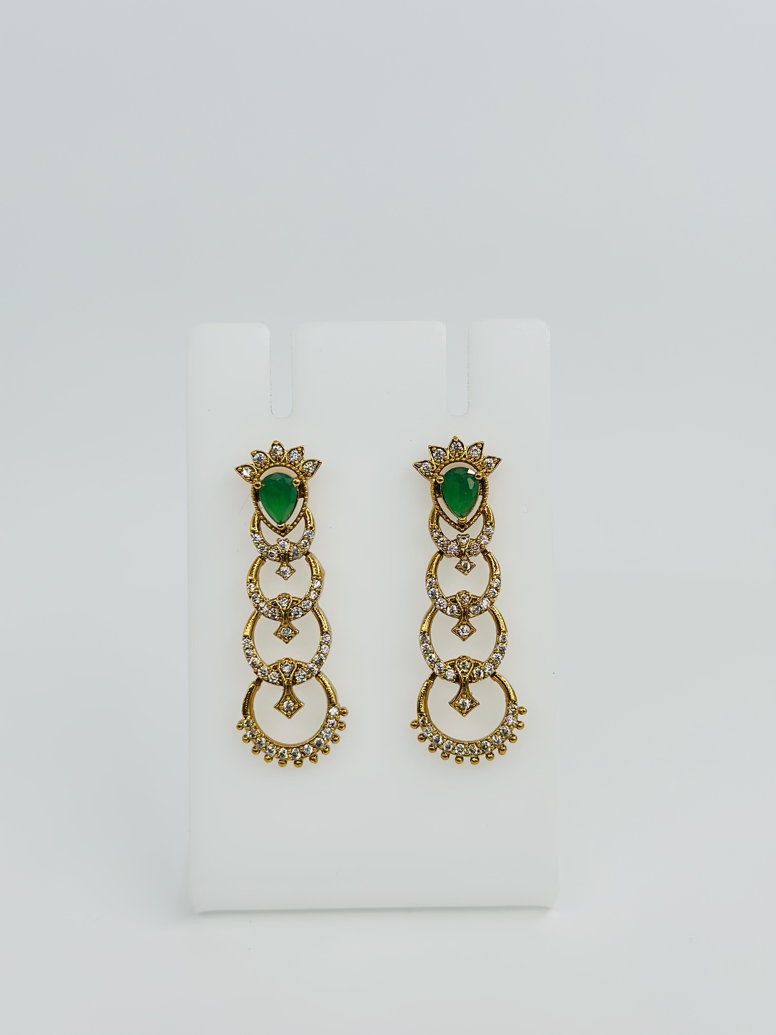 Green Stone & CZ Gold Tone Drop Earrings - Image 4