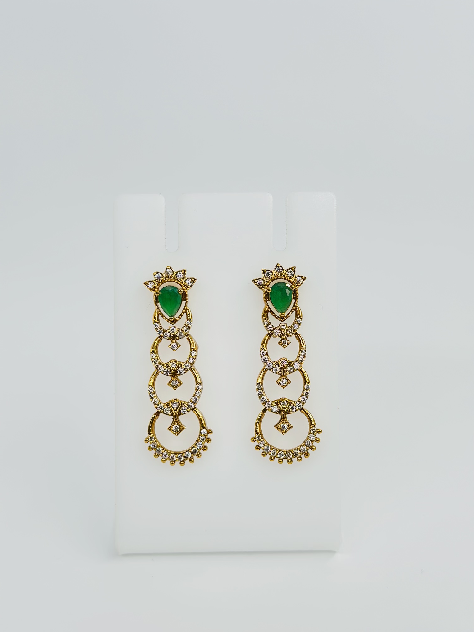 Green Stone & CZ Gold Tone Drop Earrings