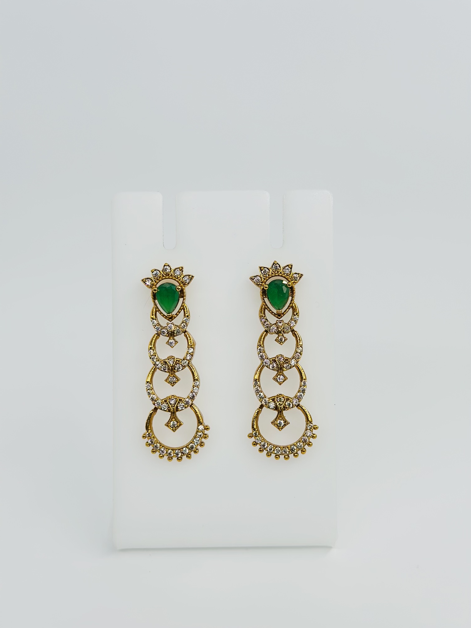 Green Stone & CZ Gold Tone Drop Earrings - Image 2