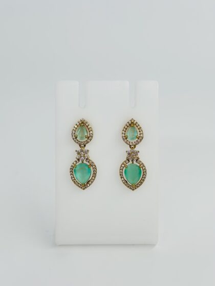 Light Green Stone & CZ Gold Tone Heart Drop Earrings