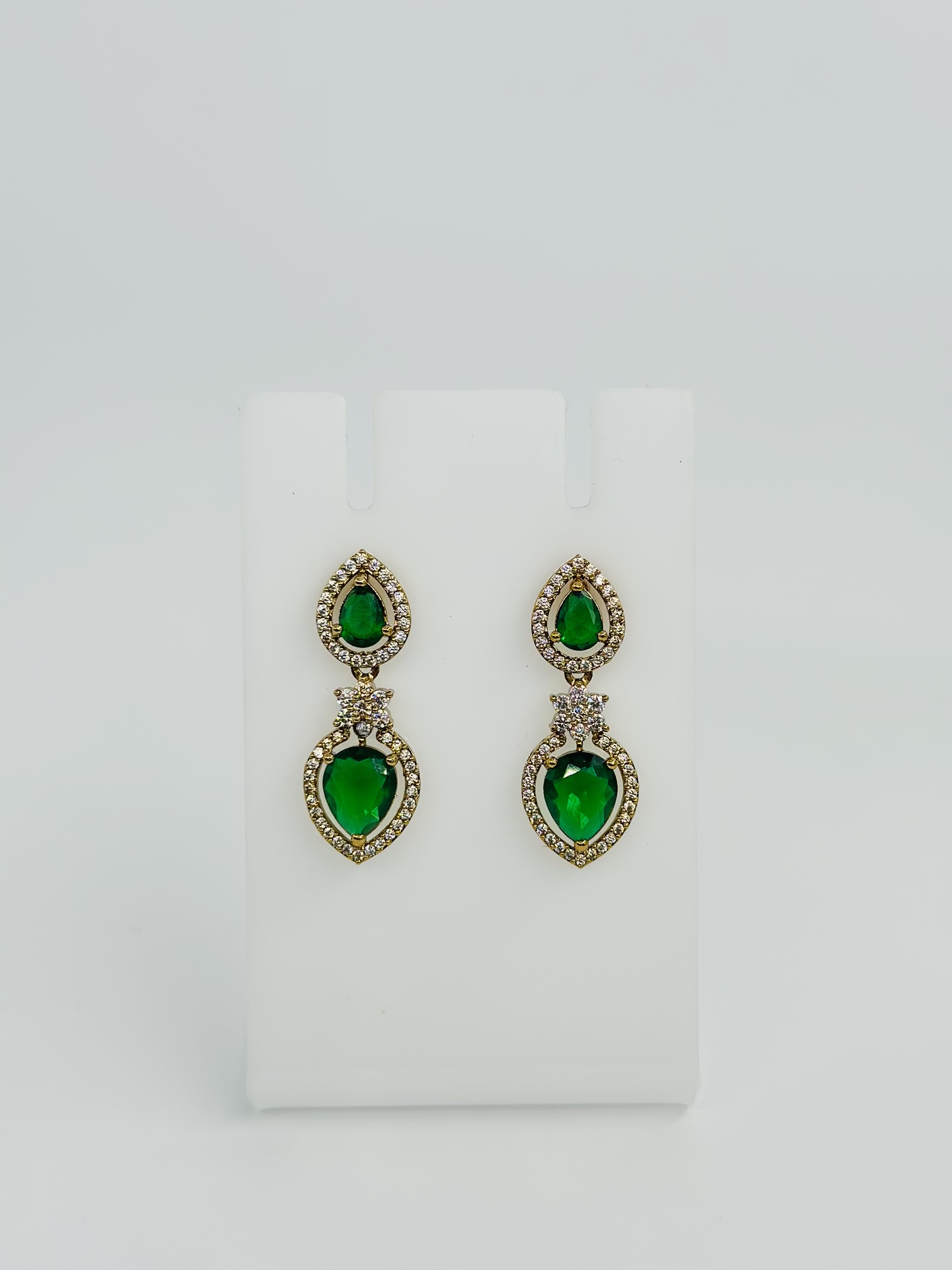 Green Stone & CZ Gold Tone Heart Drop Earrings - Image 4