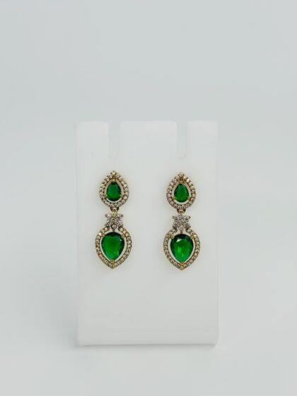Green Stone & CZ Gold Tone Heart Drop Earrings