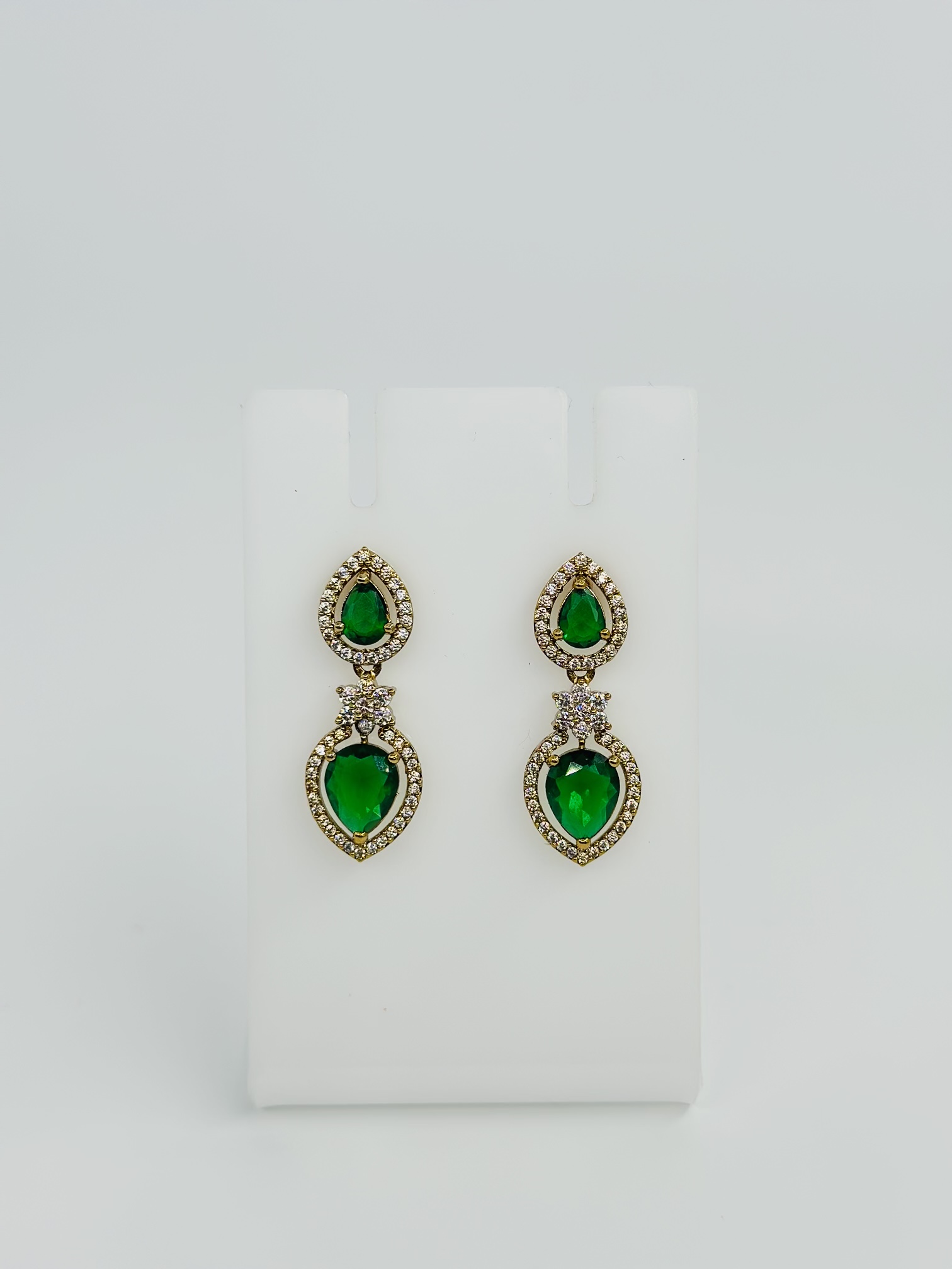 Green Stone & CZ Gold Tone Heart Drop Earrings - Image 3