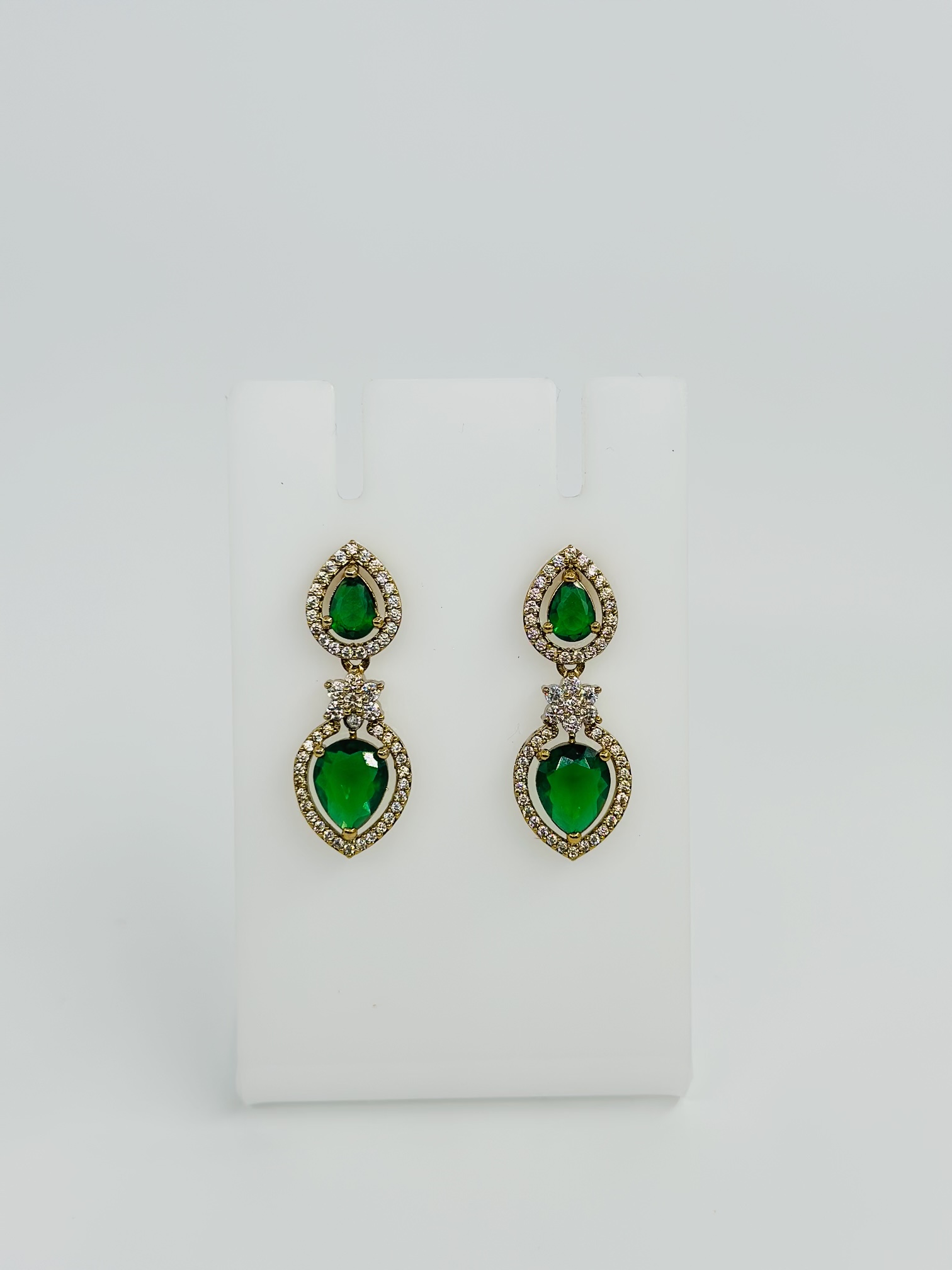 Green Stone & CZ Gold Tone Heart Drop Earrings - Image 2