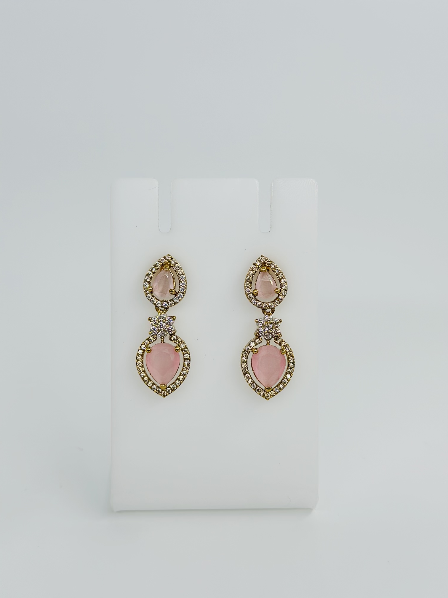 Pink Stone & CZ Gold tone Drop Earrings - Image 4
