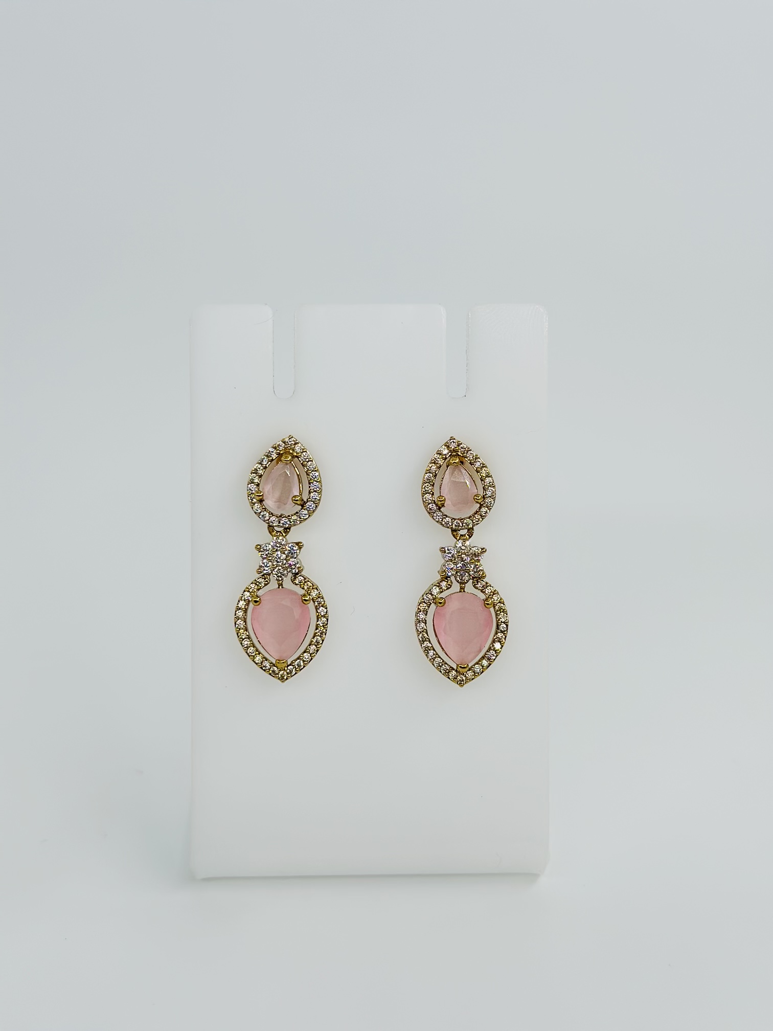 Pink Stone & CZ Gold tone Drop Earrings - Image 3
