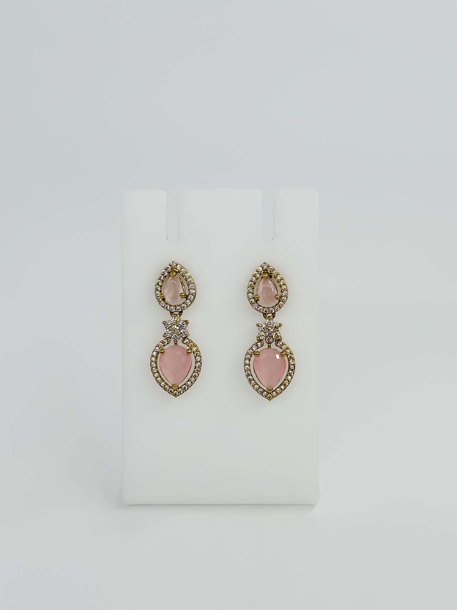 Pink Stone & CZ Gold tone Drop Earrings - Image 2