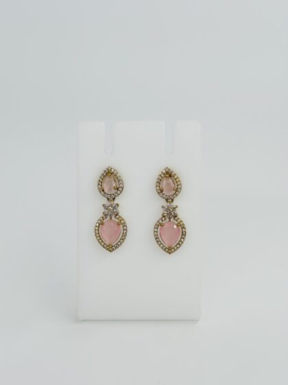 Pink Stone & CZ Gold tone Drop Earrings