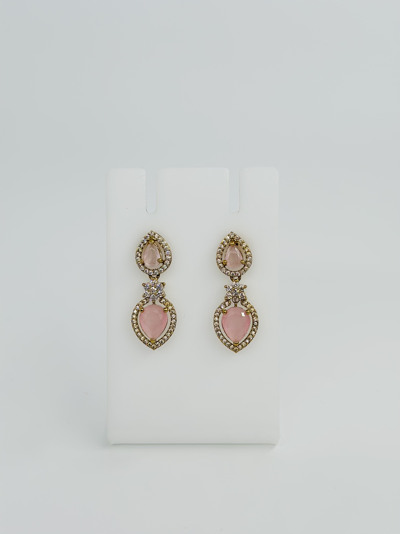 Pink Stone & CZ Gold tone Drop Earrings