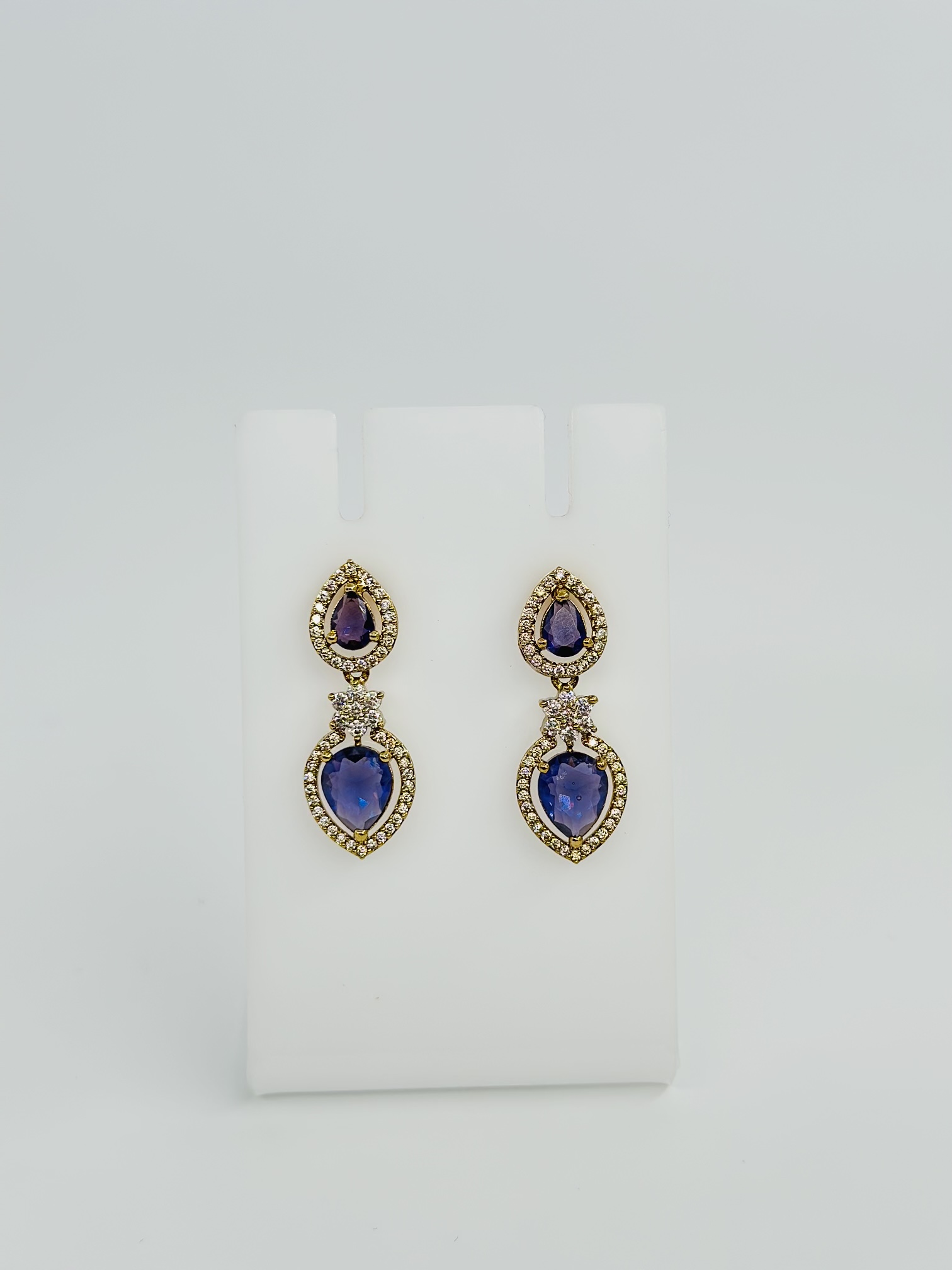 Purple Stone & CZ Gold Tone Heart Drop Earrings - Image 3