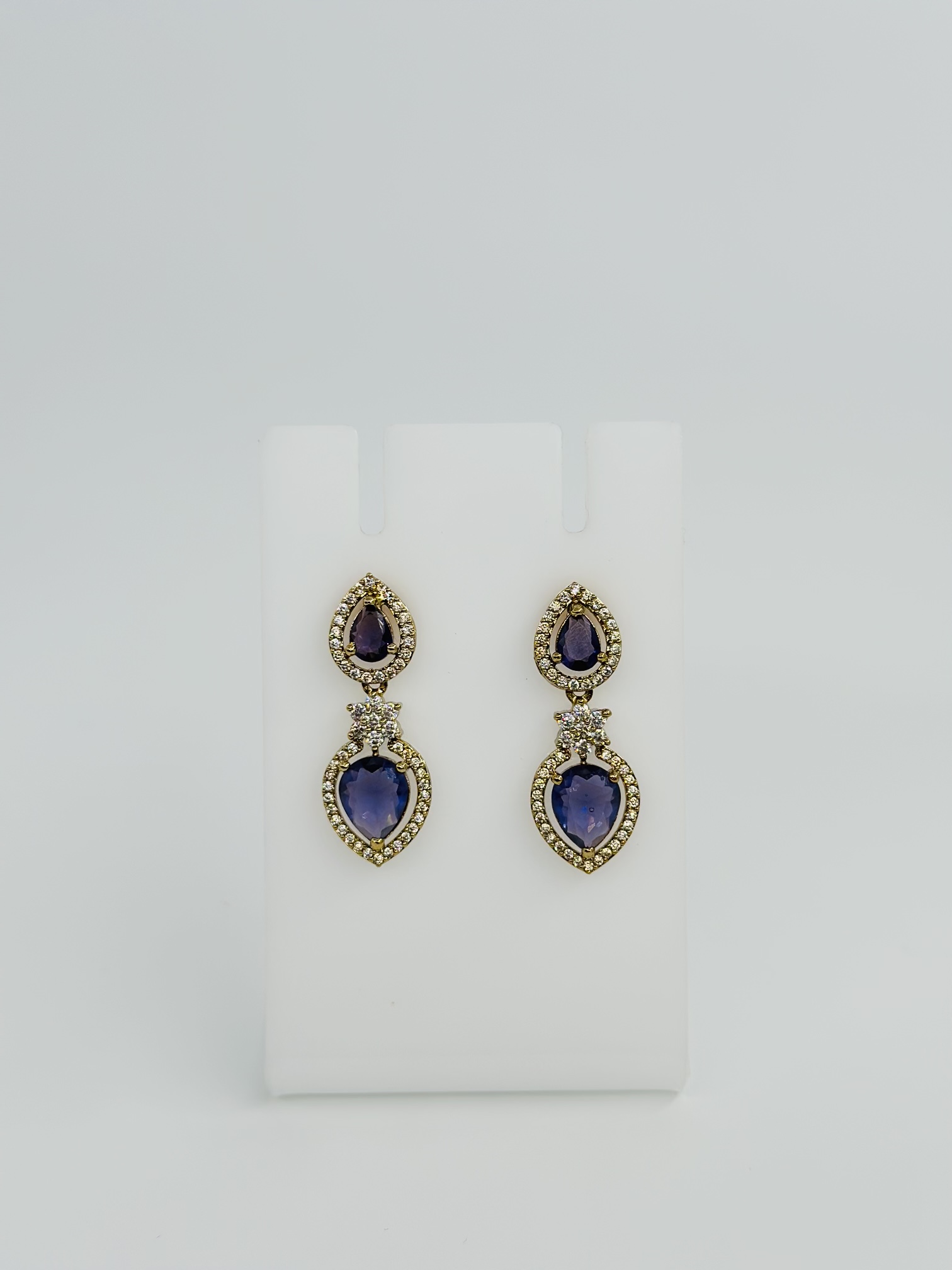 Purple Stone & CZ Gold Tone Heart Drop Earrings - Image 2