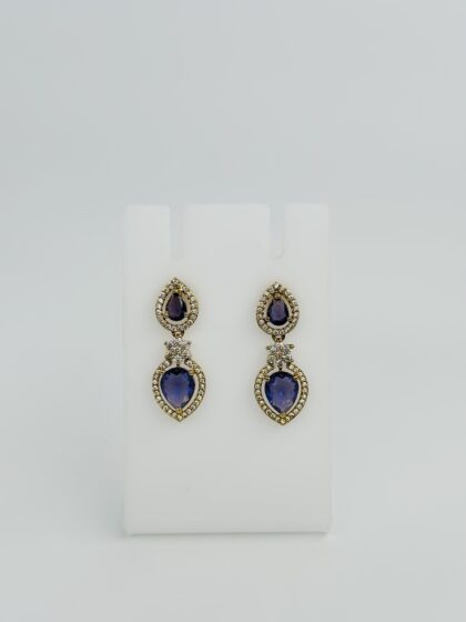 Purple Stone & CZ Gold Tone Heart Drop Earrings