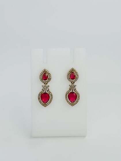Red Stone & CZ Gold Tone Heart Drop Earrings