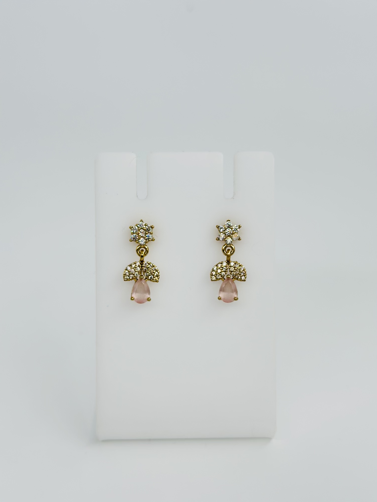 Pink Stone & CZ Gold Tone Drop Earrings - Image 4