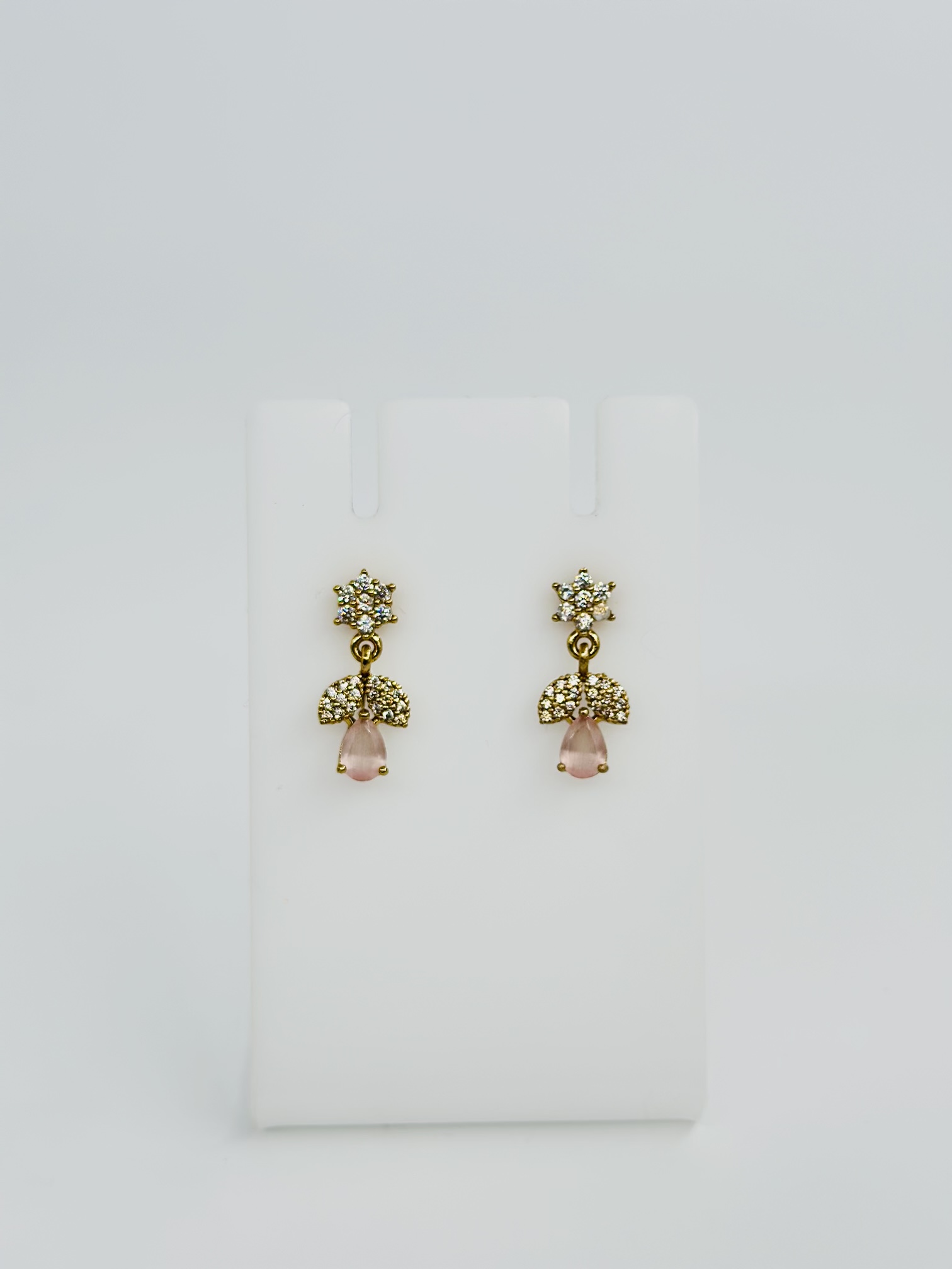 Pink Stone & CZ Gold Tone Drop Earrings - Image 3