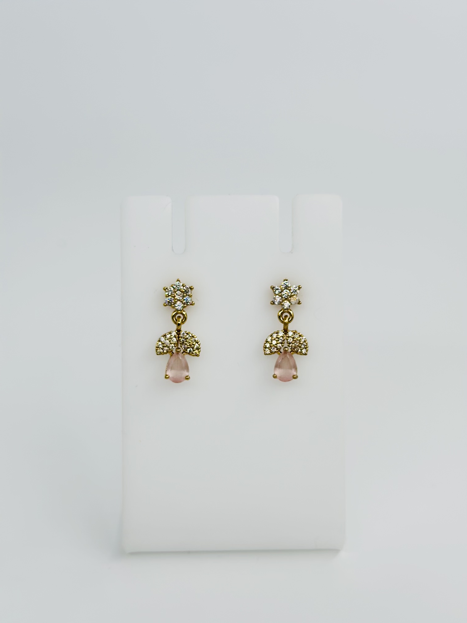 Pink Stone & CZ Gold Tone Drop Earrings