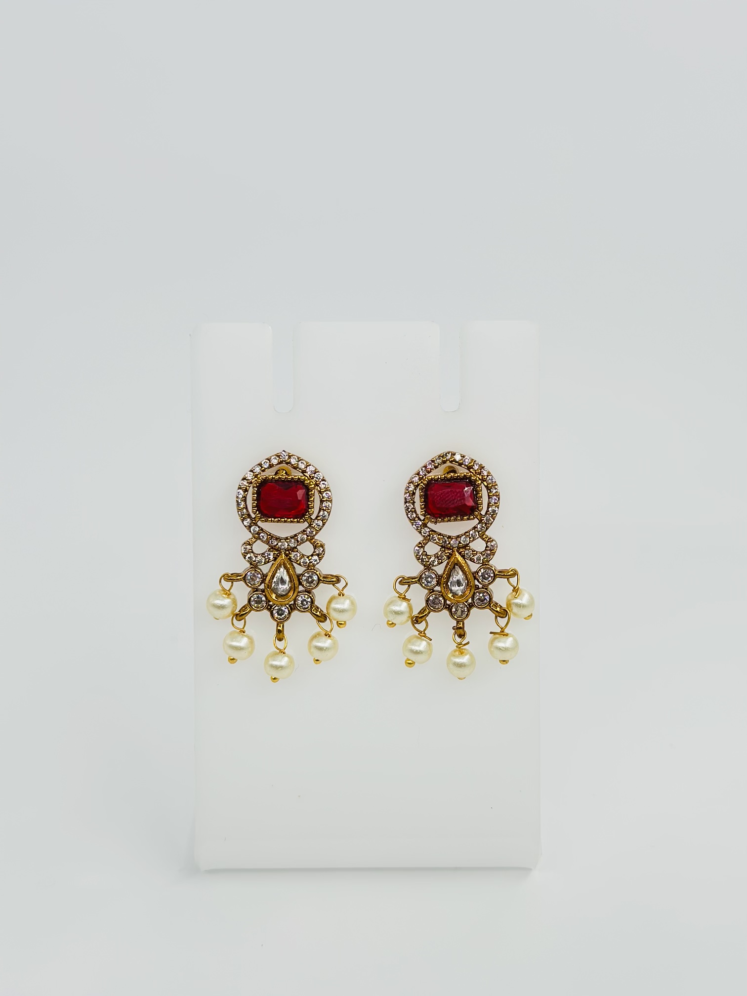 Red Stone & Pearl Gold Tone Drop Earrings - Image 4