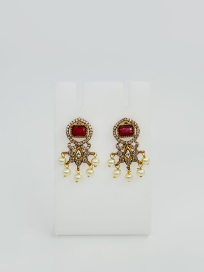 Red Stone & Pearl Gold Tone Drop Earrings