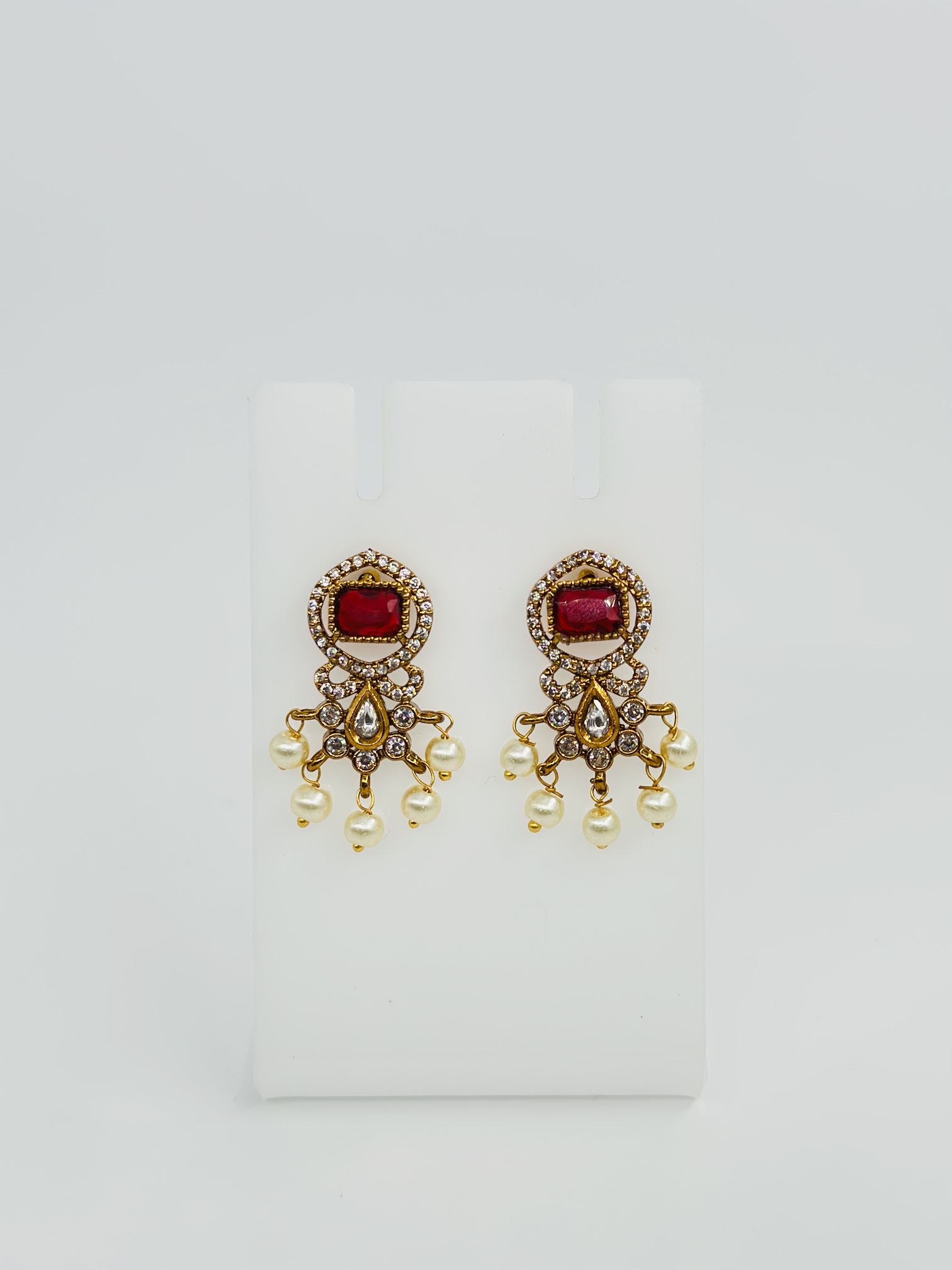 Red Stone & Pearl Gold Tone Drop Earrings - Image 3