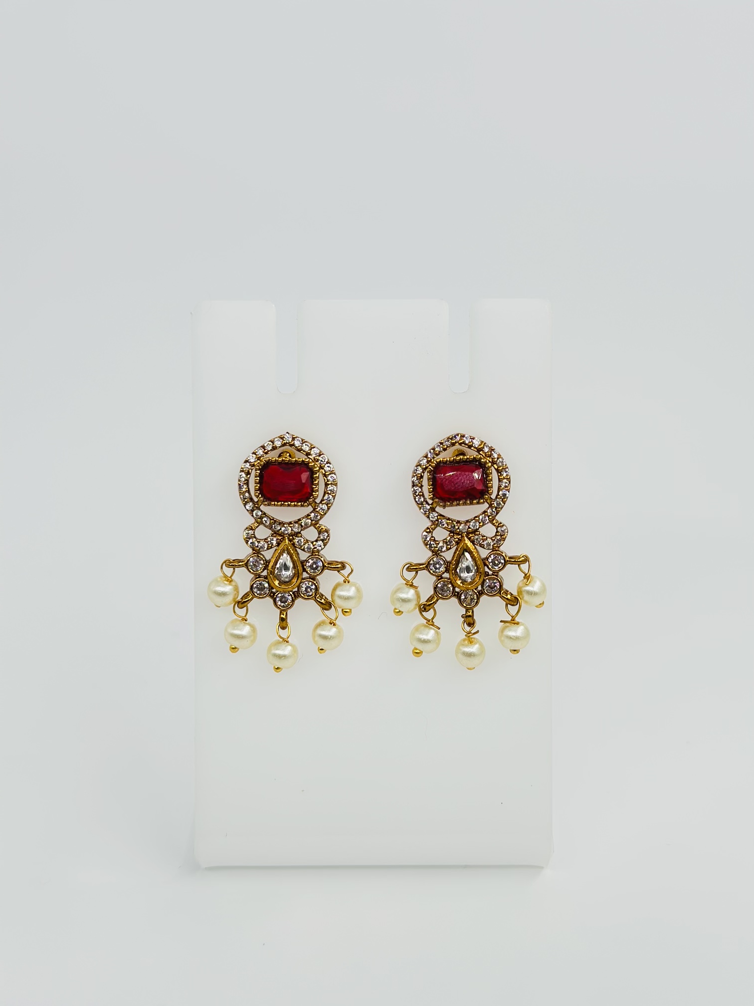 Red Stone & Pearl Gold Tone Drop Earrings - Image 2