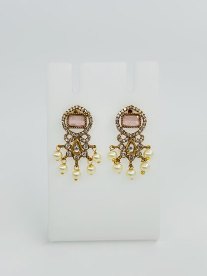 Pink Stone & Pearl Gold Tone Drop Earrings