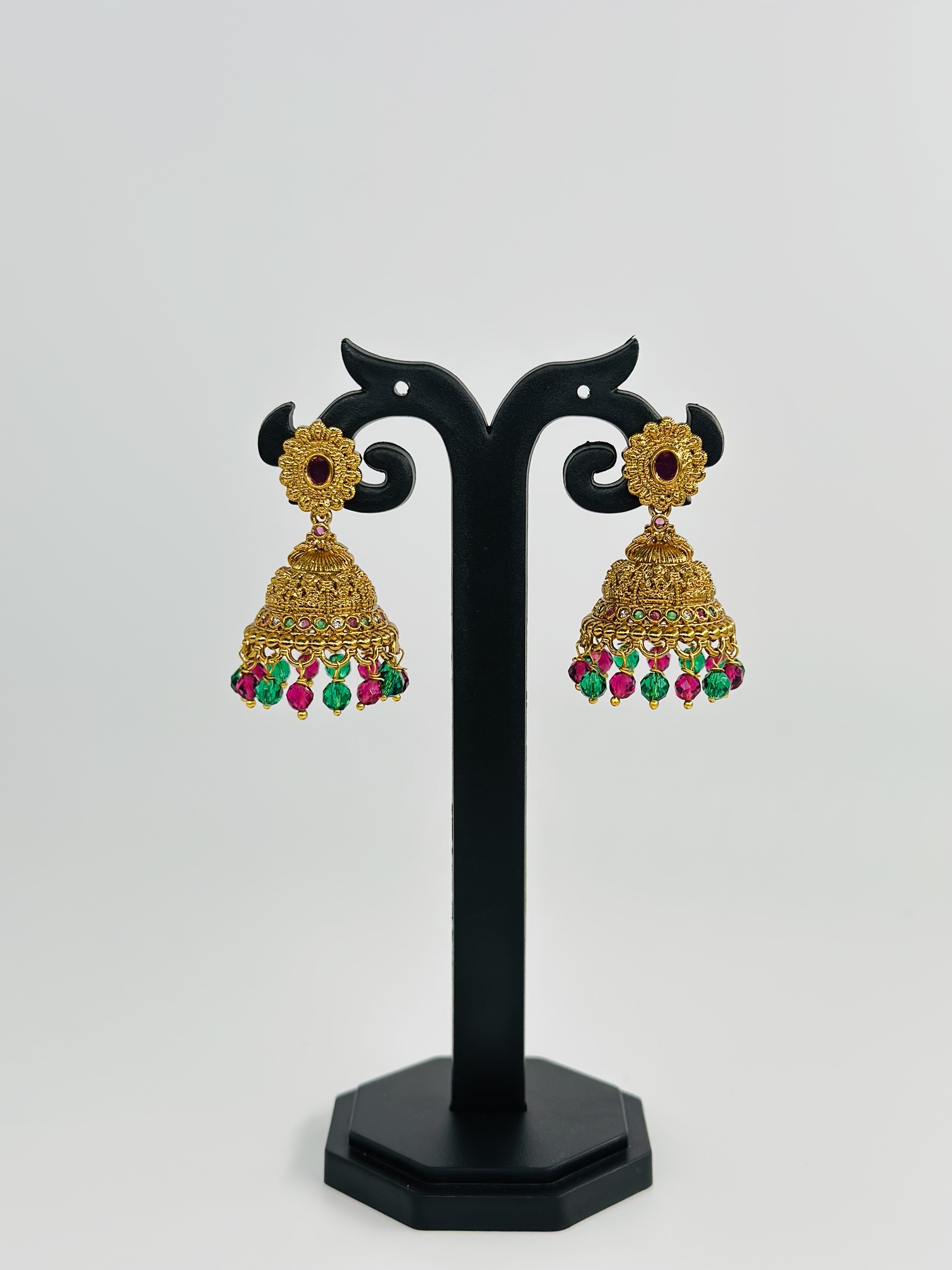Multi-Stone Gold Tone Jhumka Earrings - Image 3