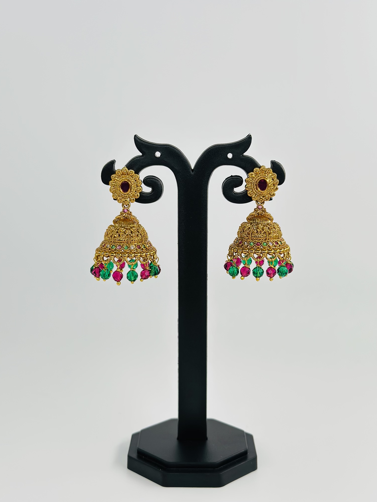 Multi-Stone Gold Tone Jhumka Earrings - Image 4