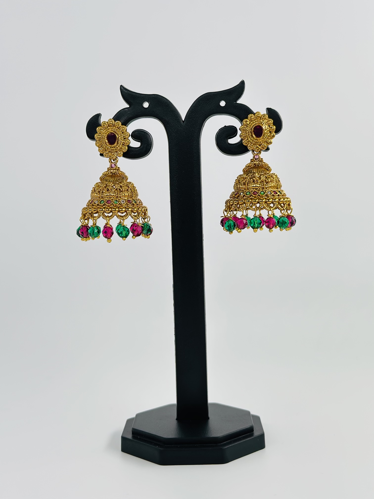 Multi-Stone Gold Tone Jhumka Earrings - Image 2