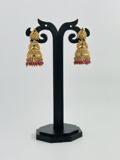 Lakshmi Motif Jhumka with Pink Beads