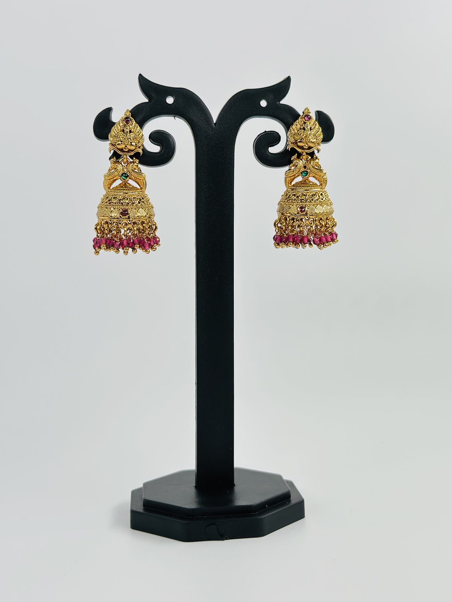 Lakshmi Motif Jhumka with Pink Beads - Image 4