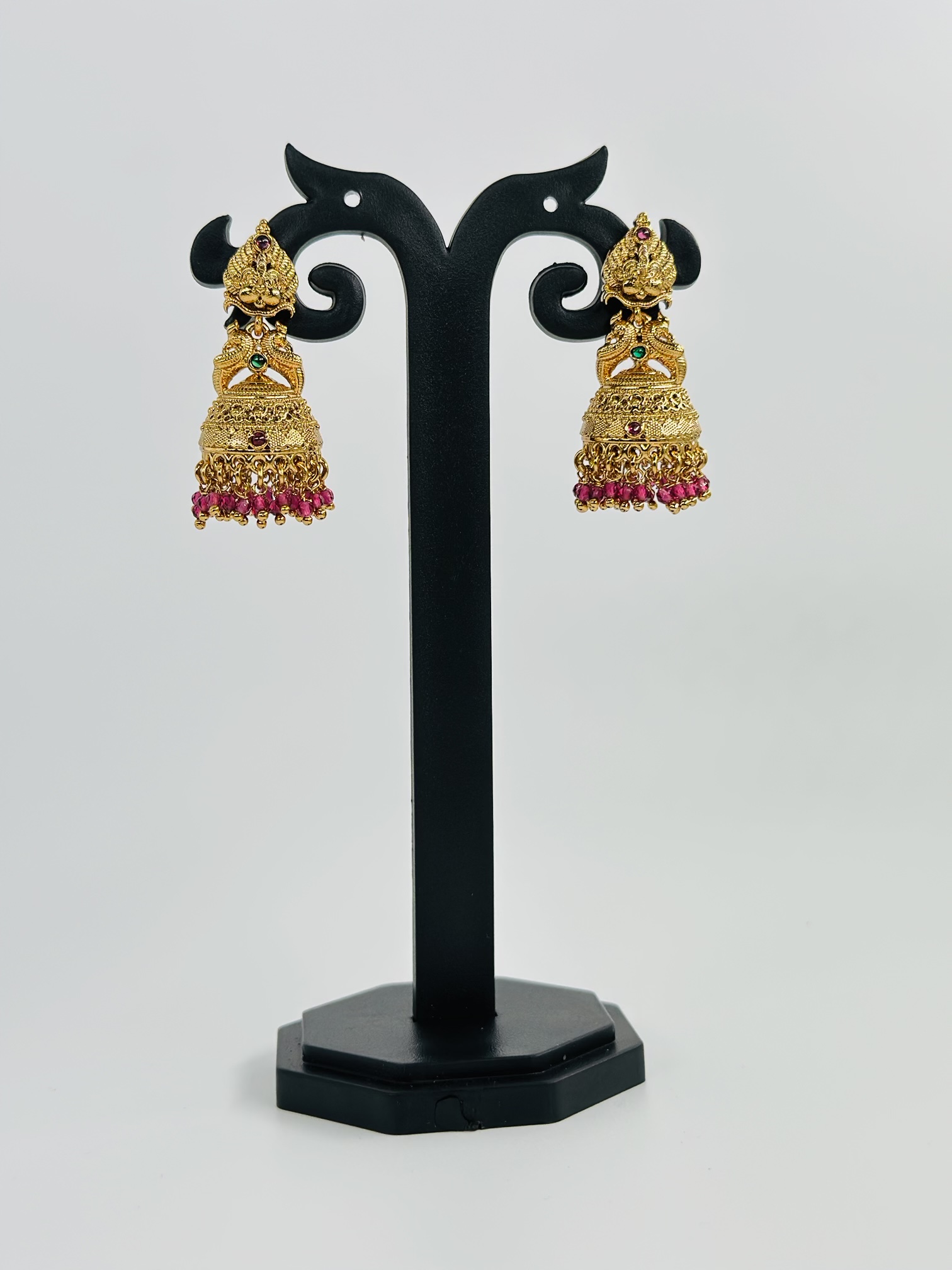 Lakshmi Motif Jhumka with Pink Beads - Image 3