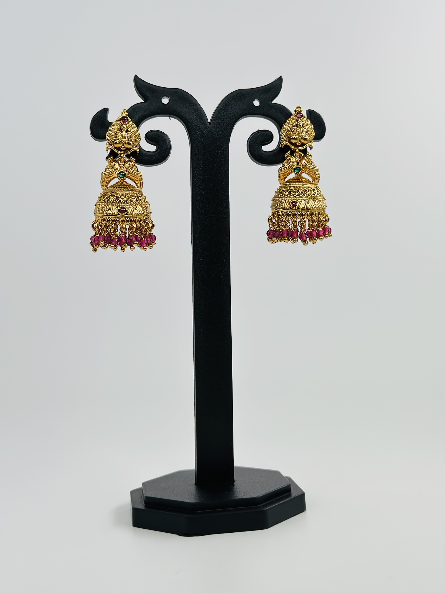 Lakshmi Motif Jhumka with Pink Beads - Image 2