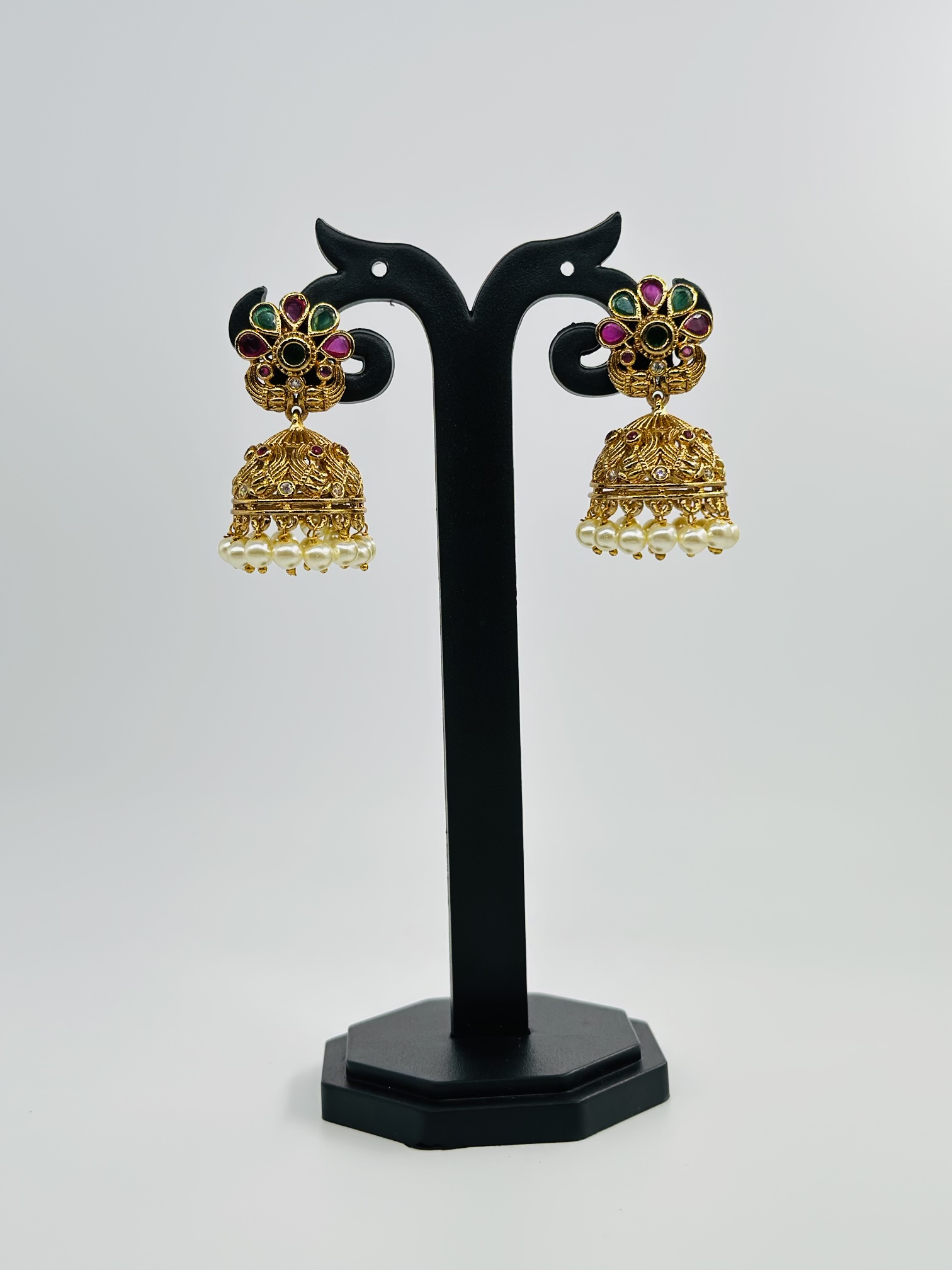 Multi-Stone Gold Tone Jhumka Earrings - Image 4