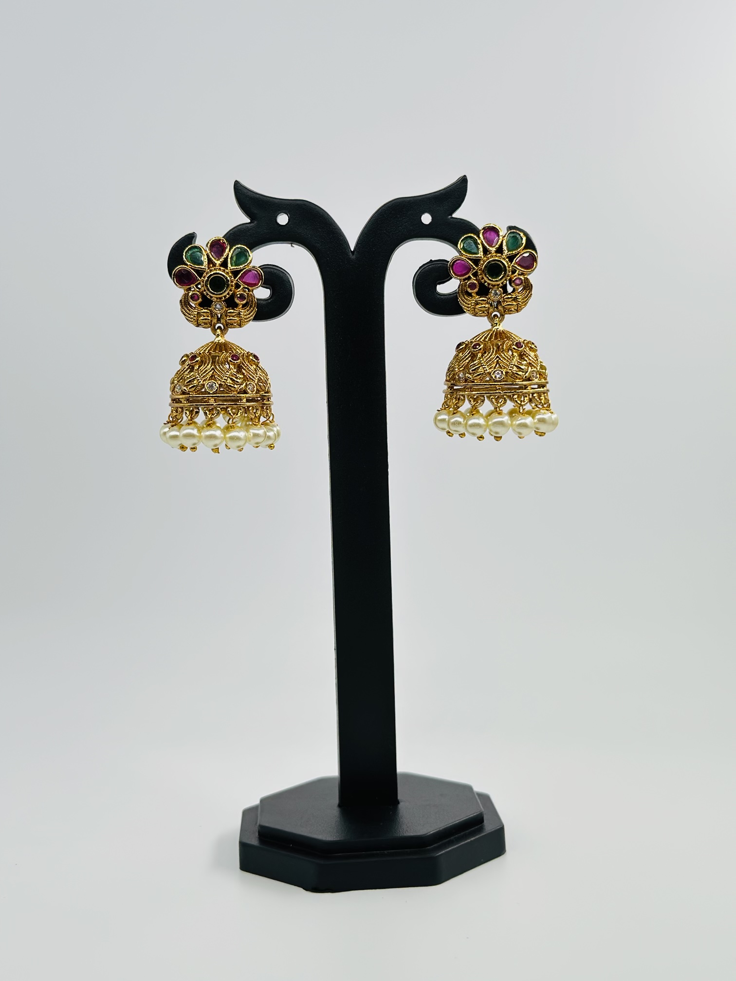 Multi-Stone Gold Tone Jhumka Earrings - Image 3