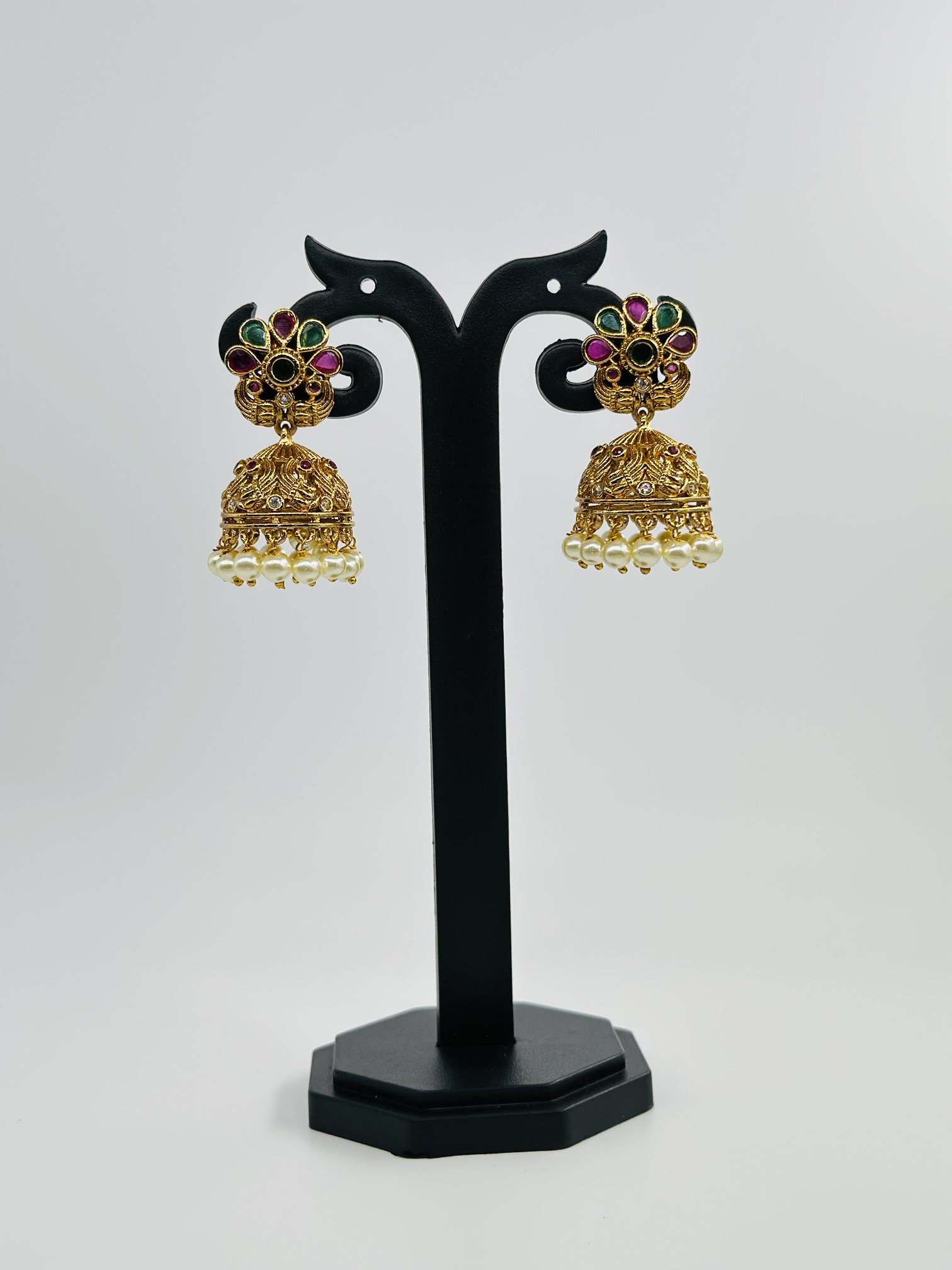 Multi-Stone Gold Tone Jhumka Earrings - Image 2