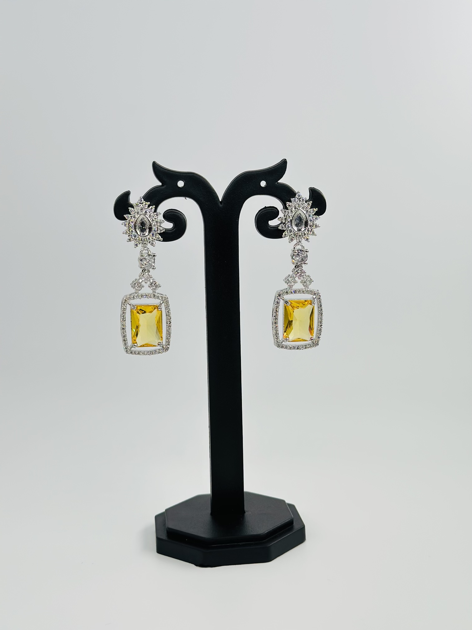 Yellow Stone & CZ Rhodium-Tone Drop Earrings - Image 4