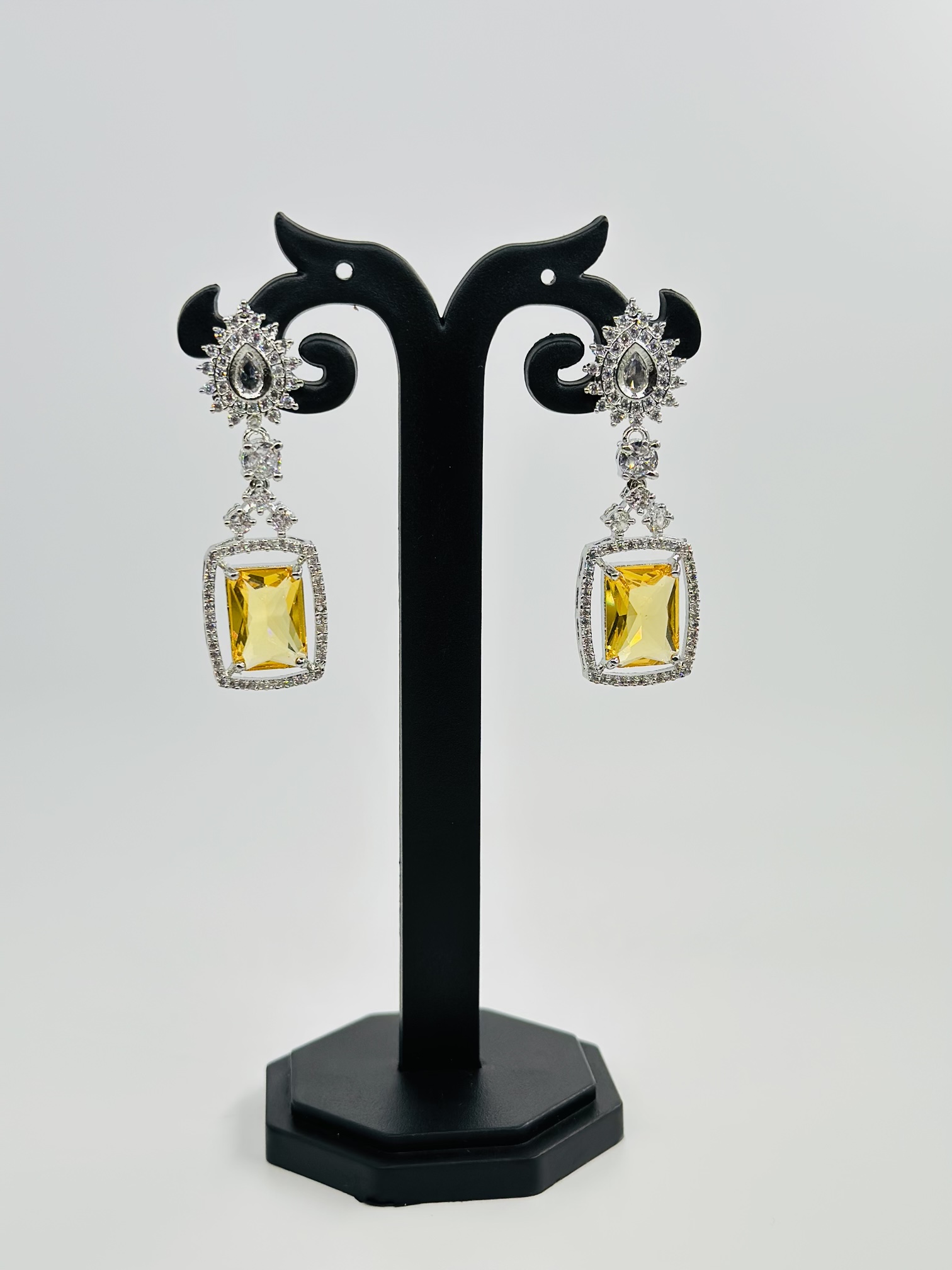 Yellow Stone & CZ Rhodium-Tone Drop Earrings - Image 3